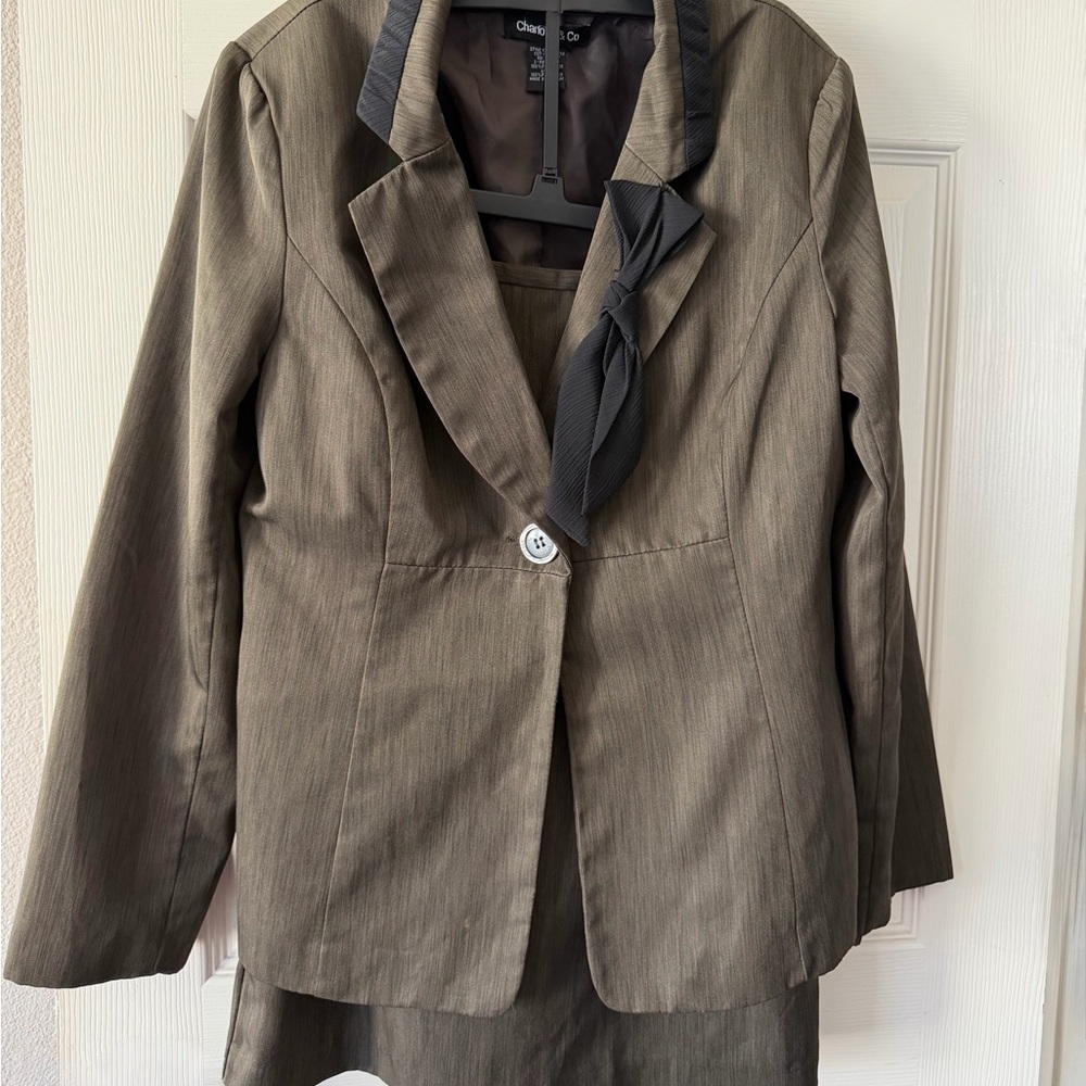 Charlotte&Co Olive/Brown Women's Tailored Blazer with Neck Tie Accent